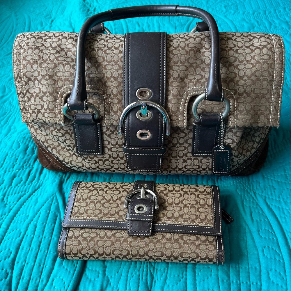 Vintage Coach Top Handle Satchel with Matching Wallet in Mini Monogram Pattern